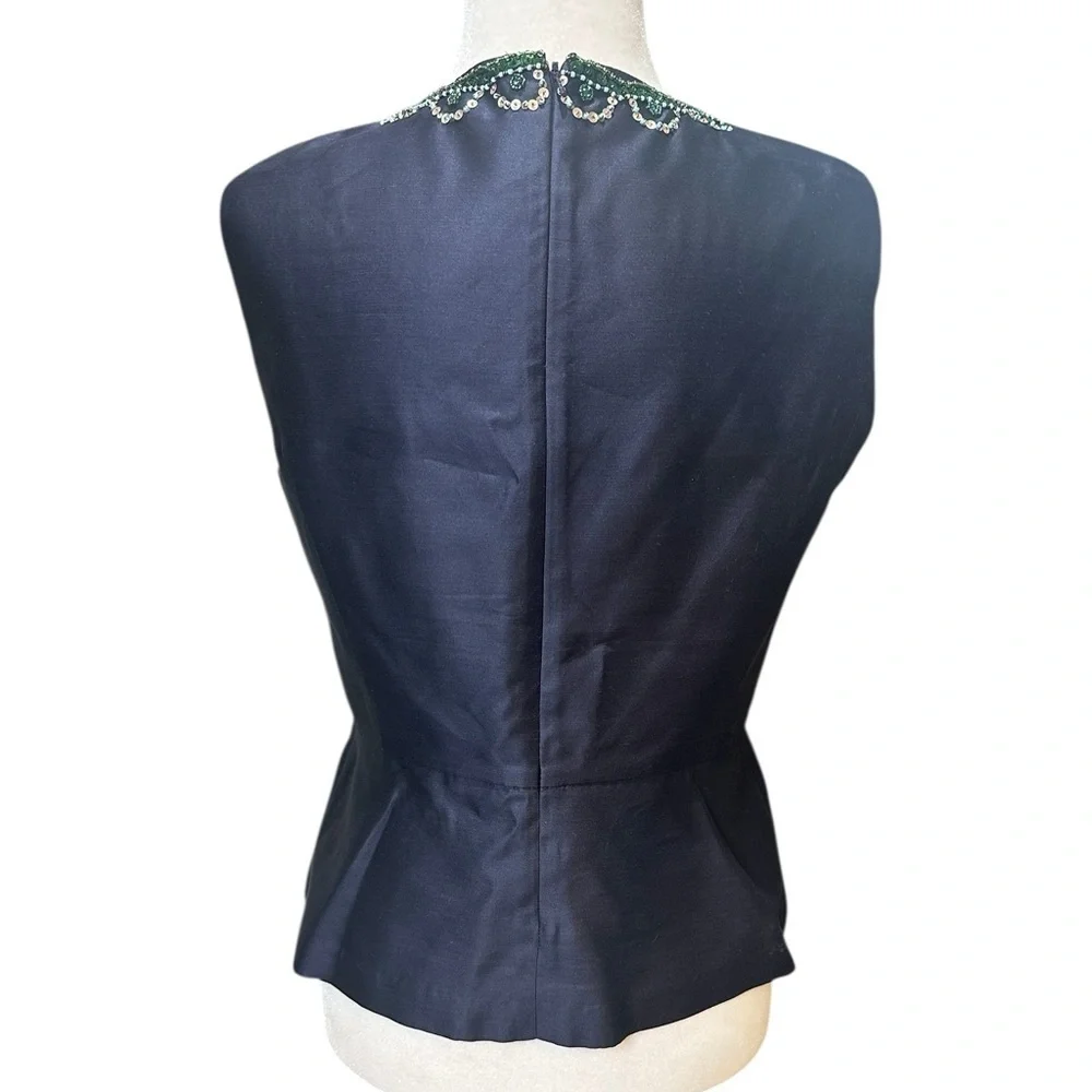 Tory Burch Navy Embellished Sequined and Beaded Silk Blouse